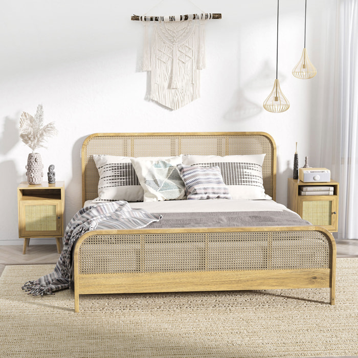 Conjunto de 2 Mesitas de Noche Mesillas de Noche con Puertas de Ratán Compartimientos Abiertos y Antivuelco Mesas Auxiliares para Dormitorio Salón 39x35x60 cm Natural