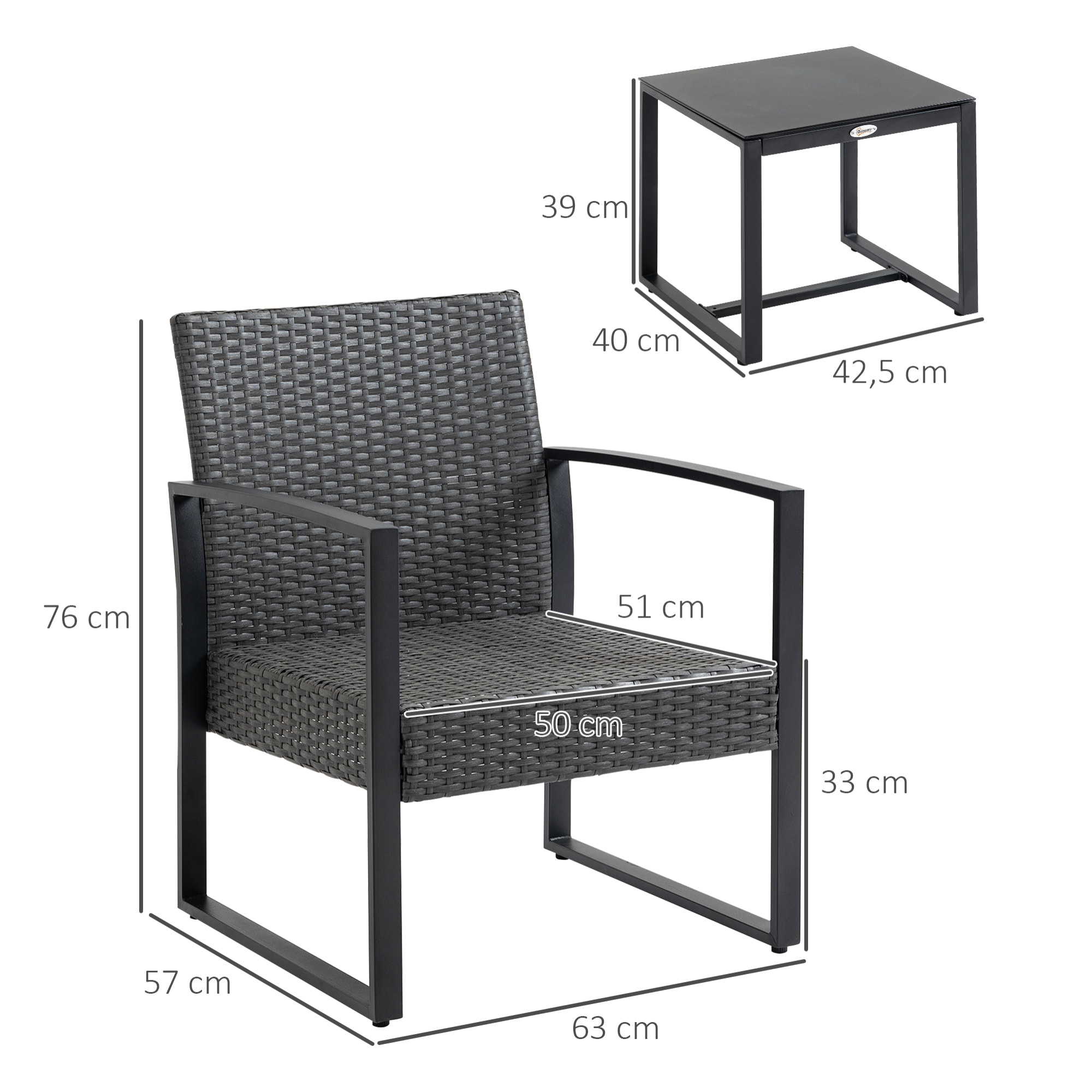Conjunto de Jardín Exterior de 3 Piezas Juego de 2 Sillas y Mesa de Ratán con Cojines Acolchados y Encimera de Vidrio para Balcón Terraza Gris y Negro