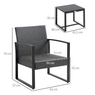 Conjunto de Jardín Exterior de 3 Piezas Juego de 2 Sillas y Mesa de Ratán con Cojines Acolchados y Encimera de Vidrio para Balcón Terraza Gris y Negro