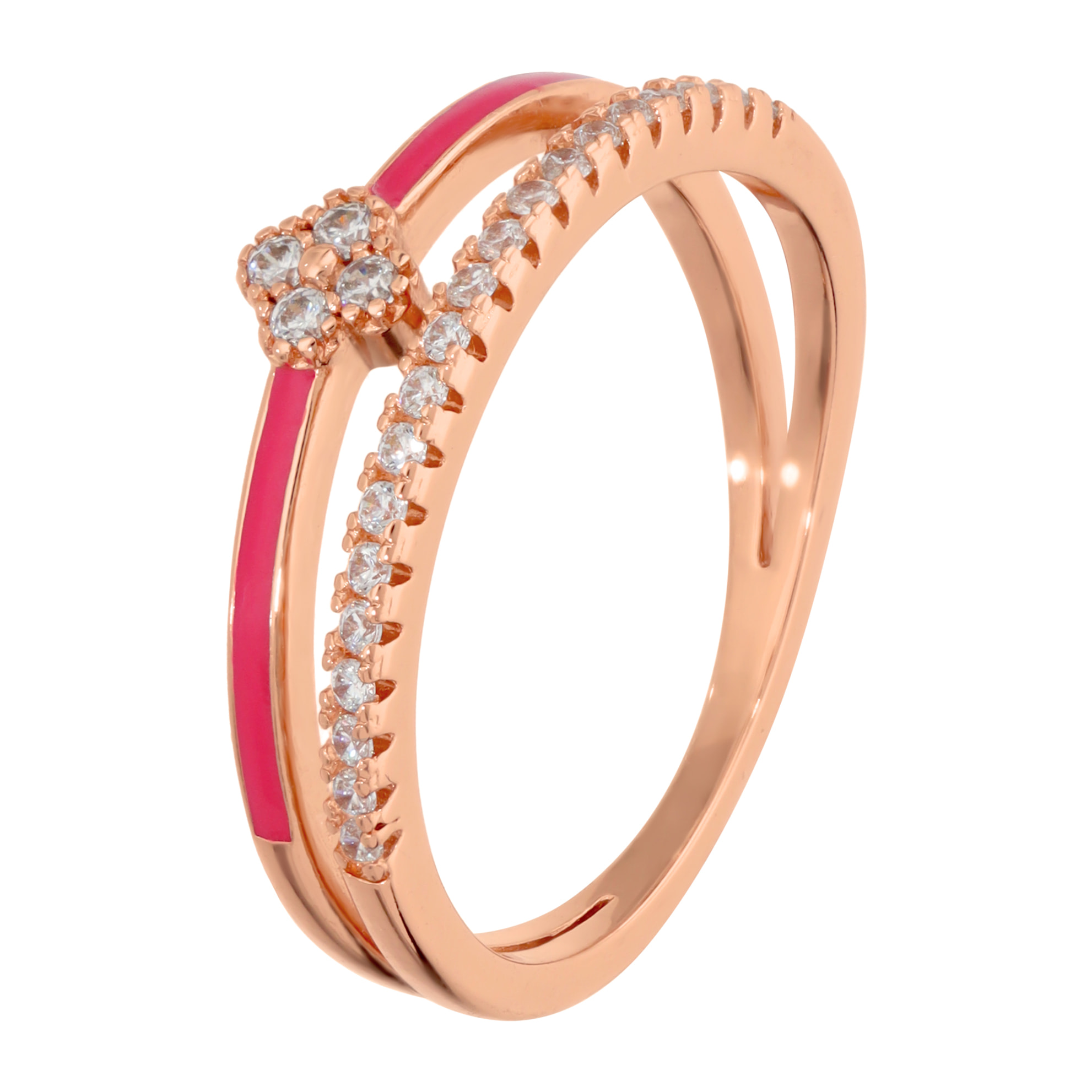 Anello Doppio Fiore con Smalto Fucsia e Pavé di Cubic Zirconia