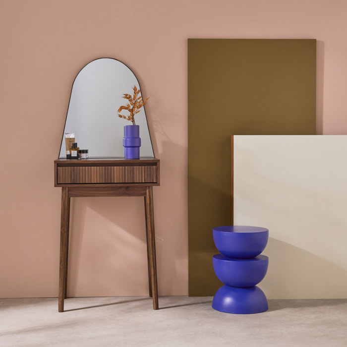 Coiffeuse décor bois LINEAR miroir arrondi 1 tiroir 60 cm. façade striée. Noyer