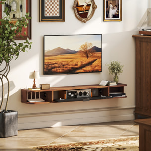 Meuble TV suspendu 140cm - porte, 2 niches, espace routeur, passe-fils - effet bois noyer noir