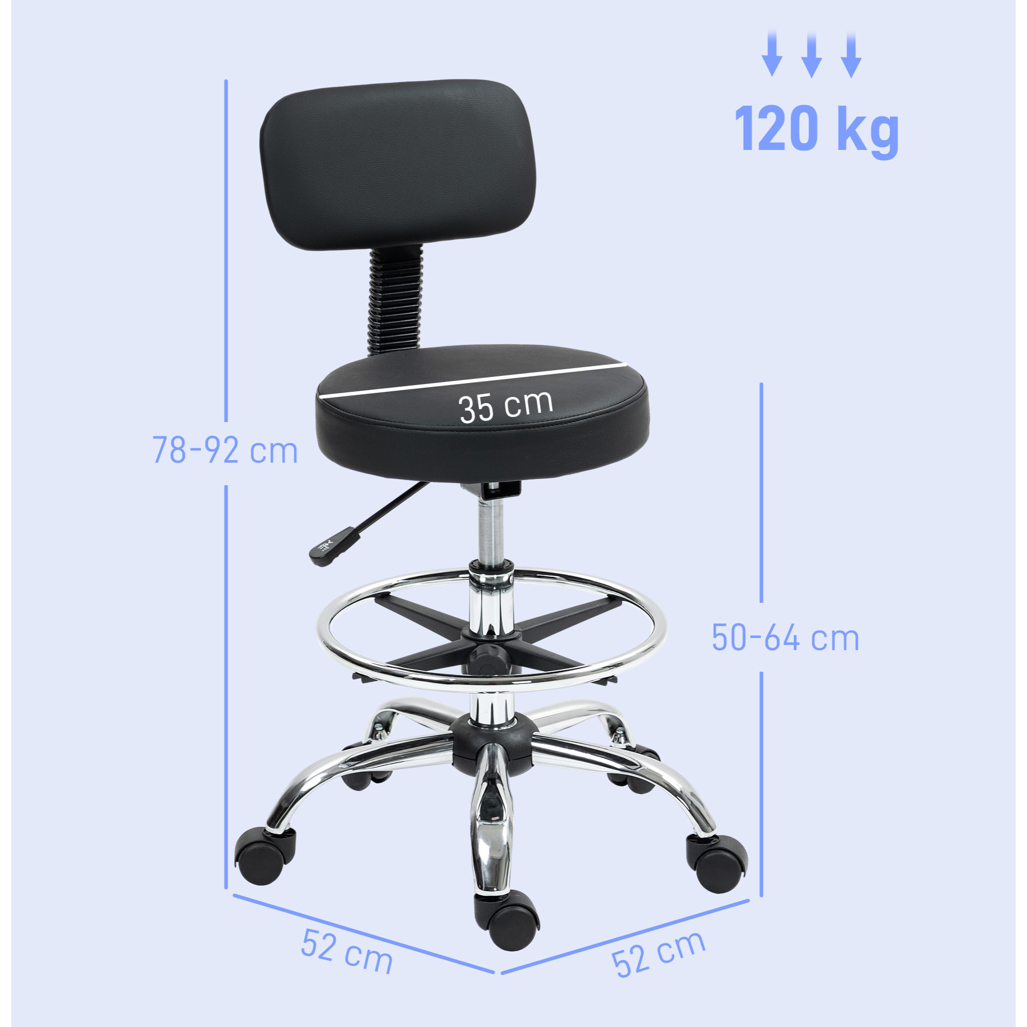 Taburete Giratorio, Taburete con Ruedas y Respaldo, Reposapiés, Altura Ajustable, Tapizado en Cuero Sintético, para Oficina, Dormitorio, Negro