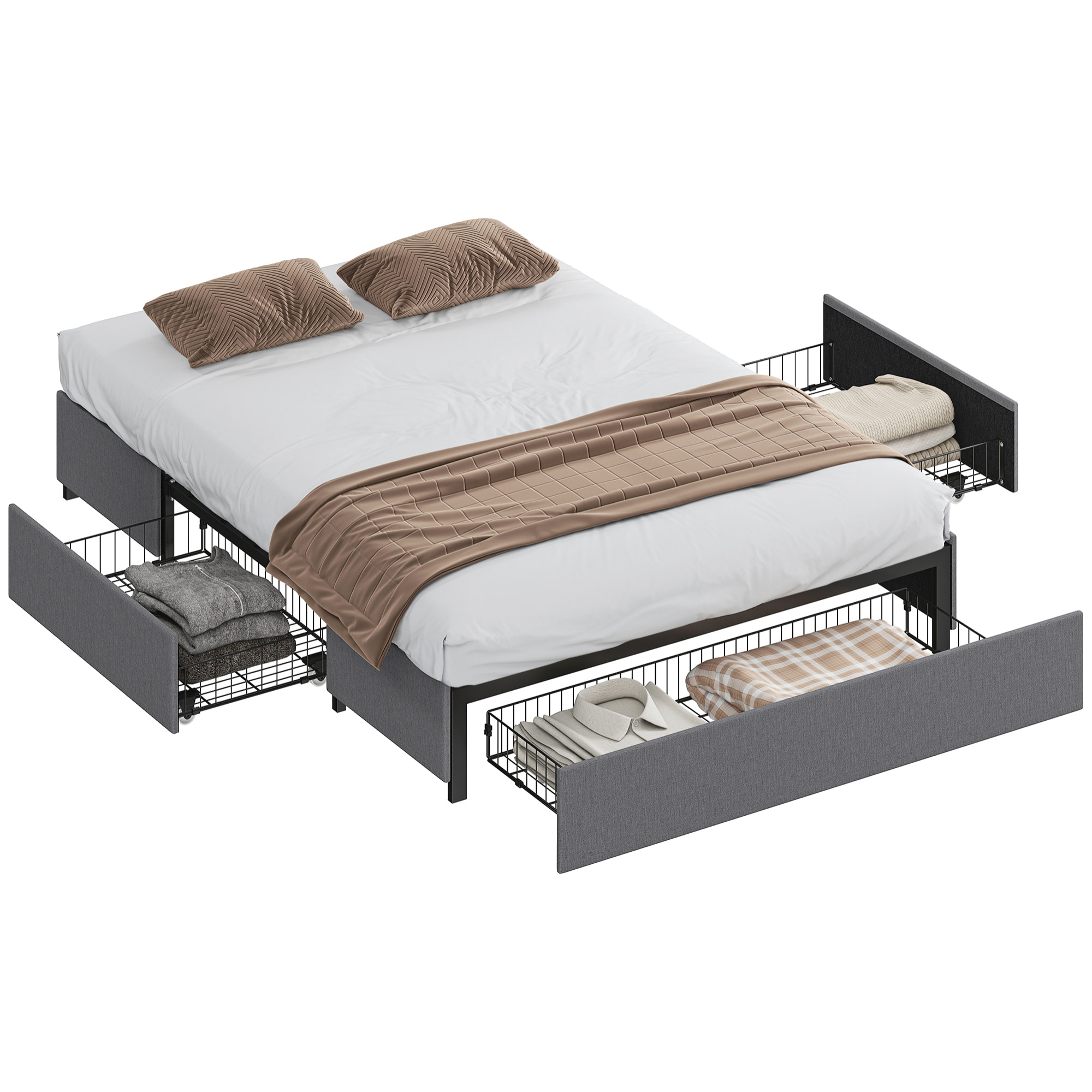 Cama Doble 140x190 cm Estructura de Cama Somier con 3 Cajones y Estructura de Metal Carga 363 kg Gris