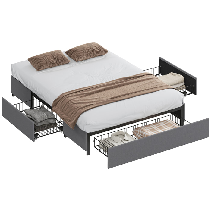 Cama Doble 140x190 cm Estructura de Cama Somier con 3 Cajones y Estructura de Metal Carga 363 kg Gris