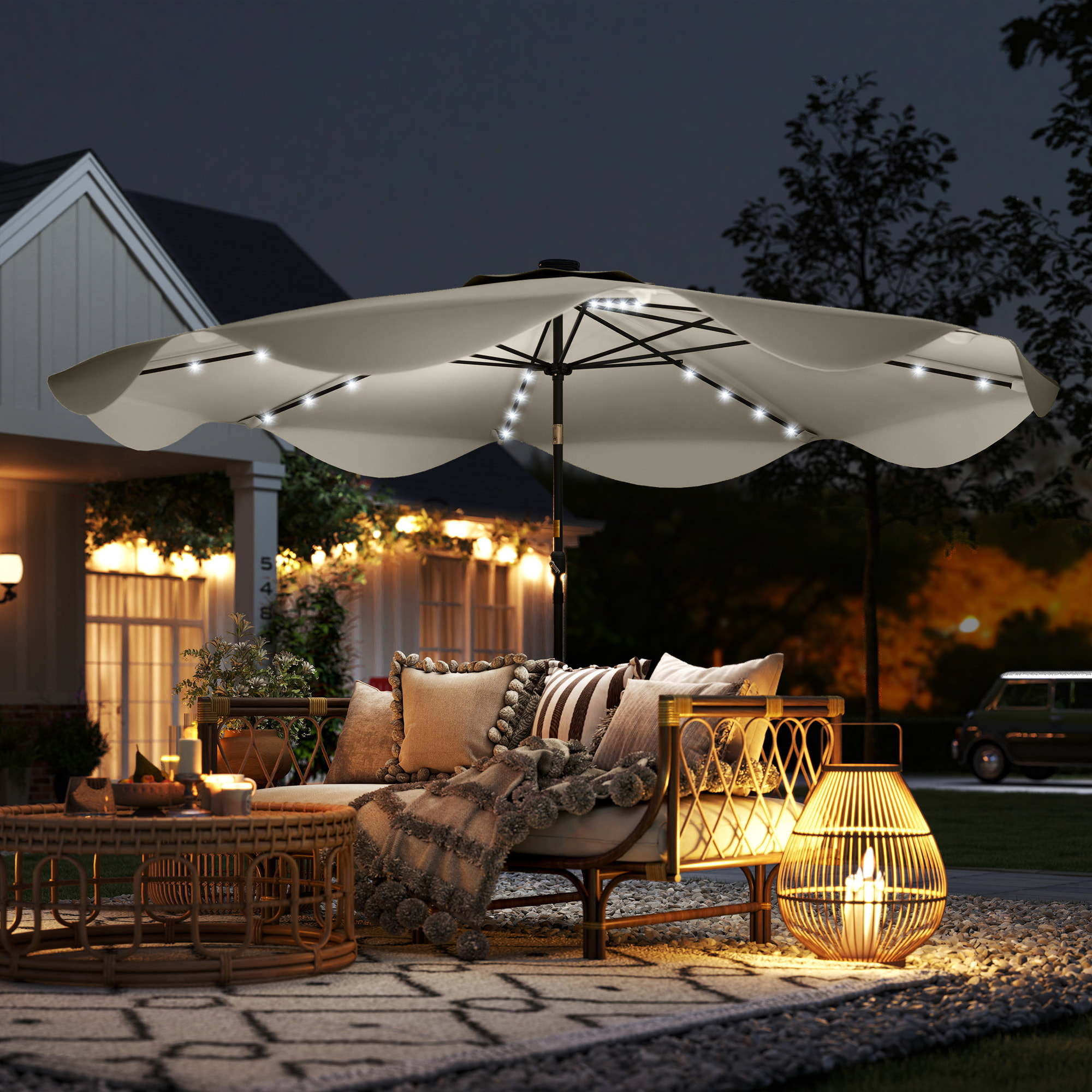 Sombrilla de Jardín Ø292x254 cm Parasol de Terraza Manual con 32 Luces LED Solares 8 Varillas Ángulo Ajustable Impermeable y Rejillas de Ventilación para Patio Balcón Crema