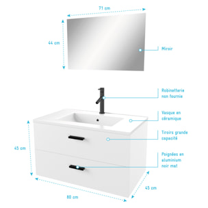 Meuble salle de bain 80 cm suspendu 2 tiroirs Blanc avec vasque et miroir - BOX-IN