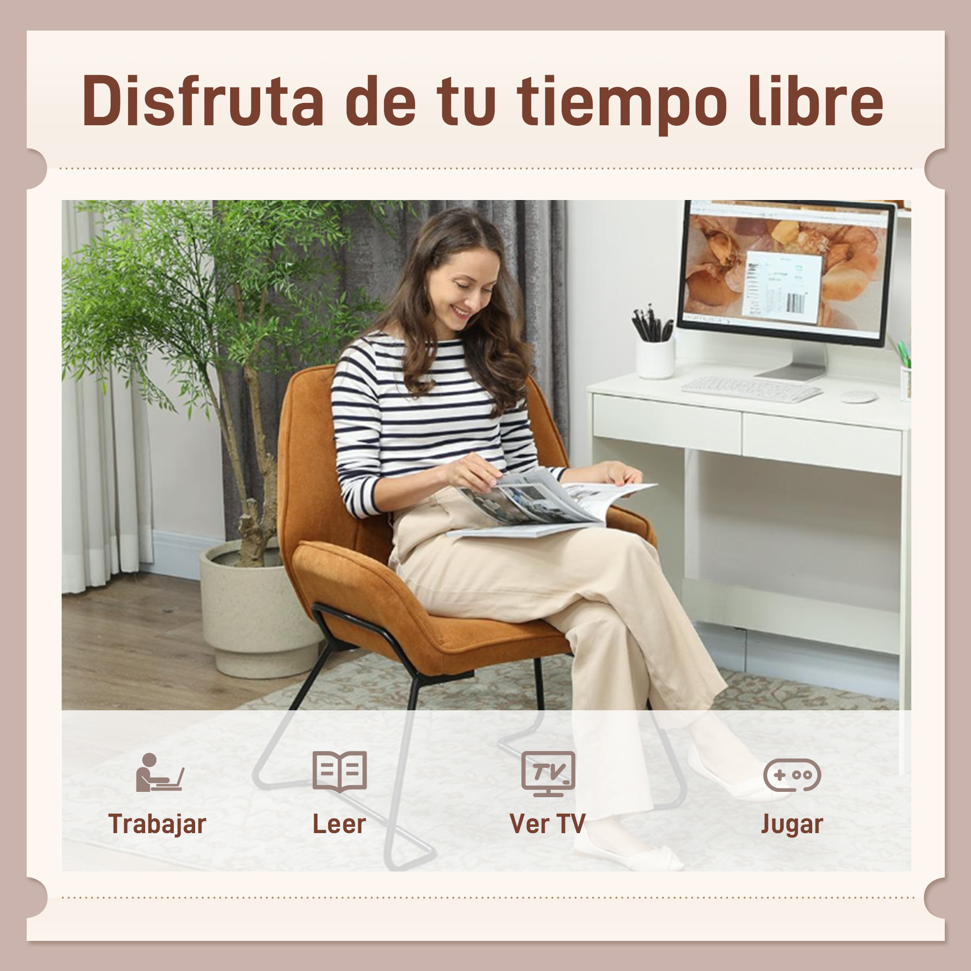 Butaca de Salón Moderna Sillón Lectura con Asiento Ancho y Acolchado Tapizado en Terciopelo Patas de Metal Sillón para Salón Sala de Estar Dormitorio Marrón