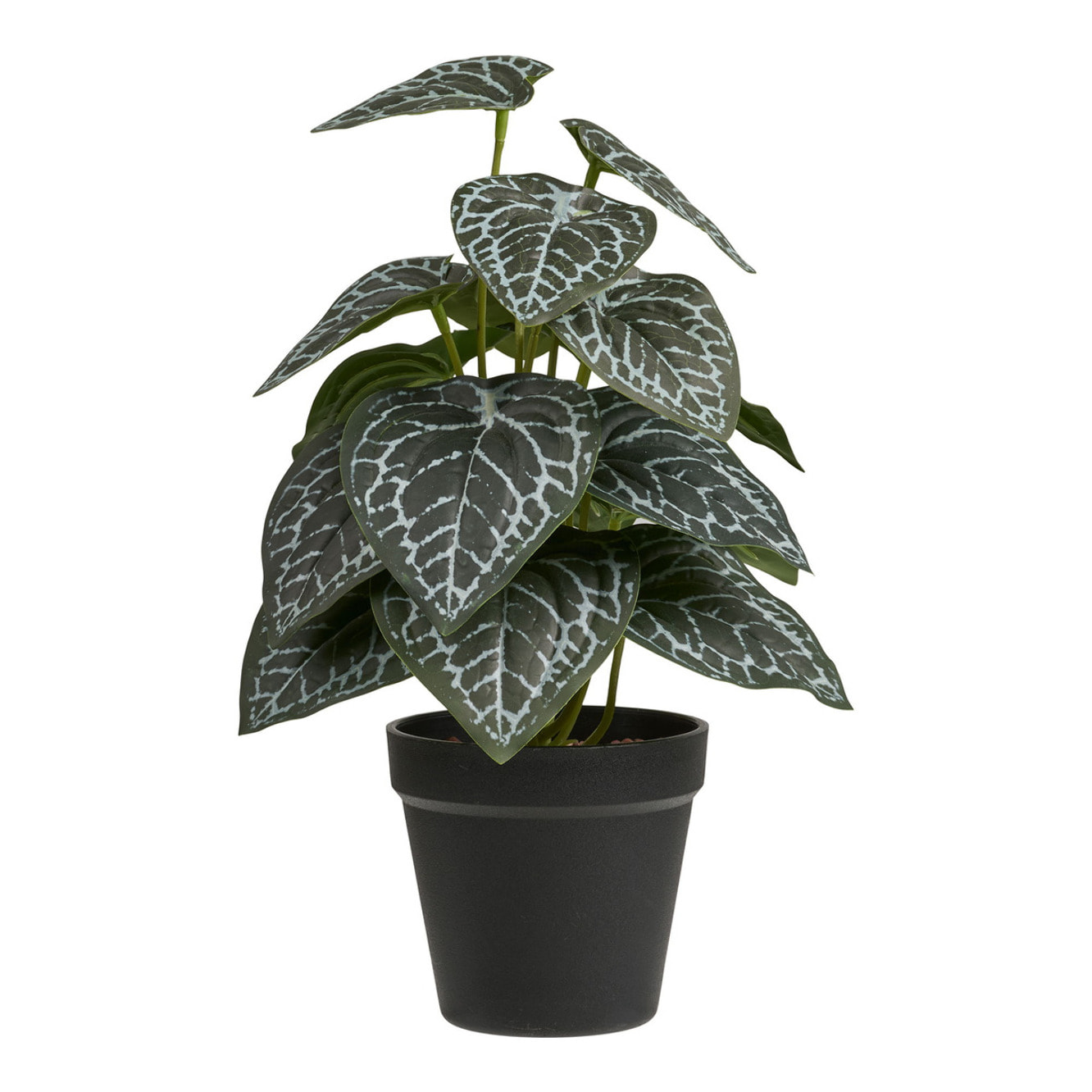 Pianta artificiale con foglie decorate verde e argento in vaso nero 33 cm