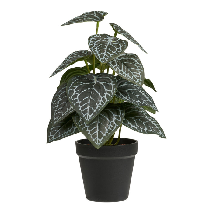 Pianta artificiale con foglie decorate verde e argento in vaso nero 33 cm