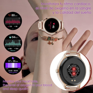 DAM Smartwatch T214 compacto y elegante. Llamadas BT, notificaciones push. Monitor de salud, ciclos femeninos. Modos deportivos. 4,1x1,1x4 Cm. Color: Granate