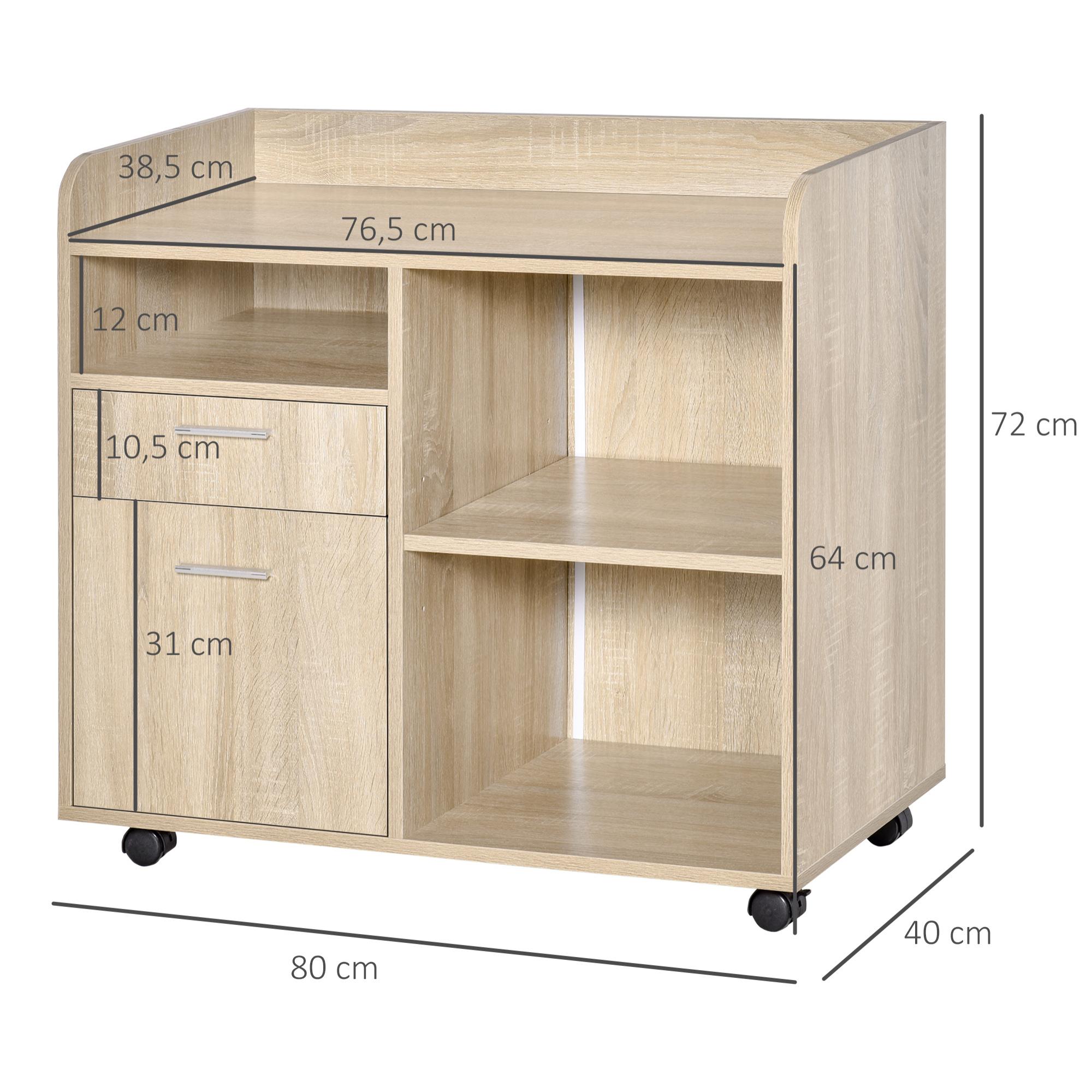 Vinsetto Armario para Impresora Carro Multifuncional de Oficina con 3 Compartimentos 2 Cajones para Archivos Estante Ajustable Ruedas con 2 Frenos 80x40x72 cm Roble