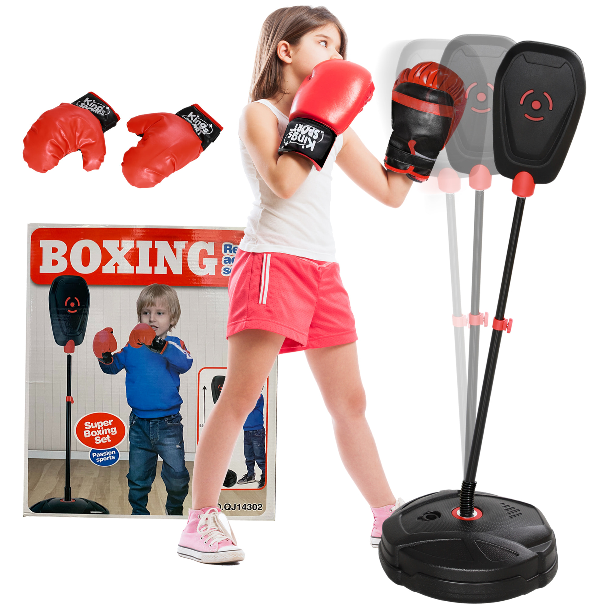 Punching ball enfant - sac de frappe enfant - hauteur réglable - base lestage, 2 gants inclus - rouge noir