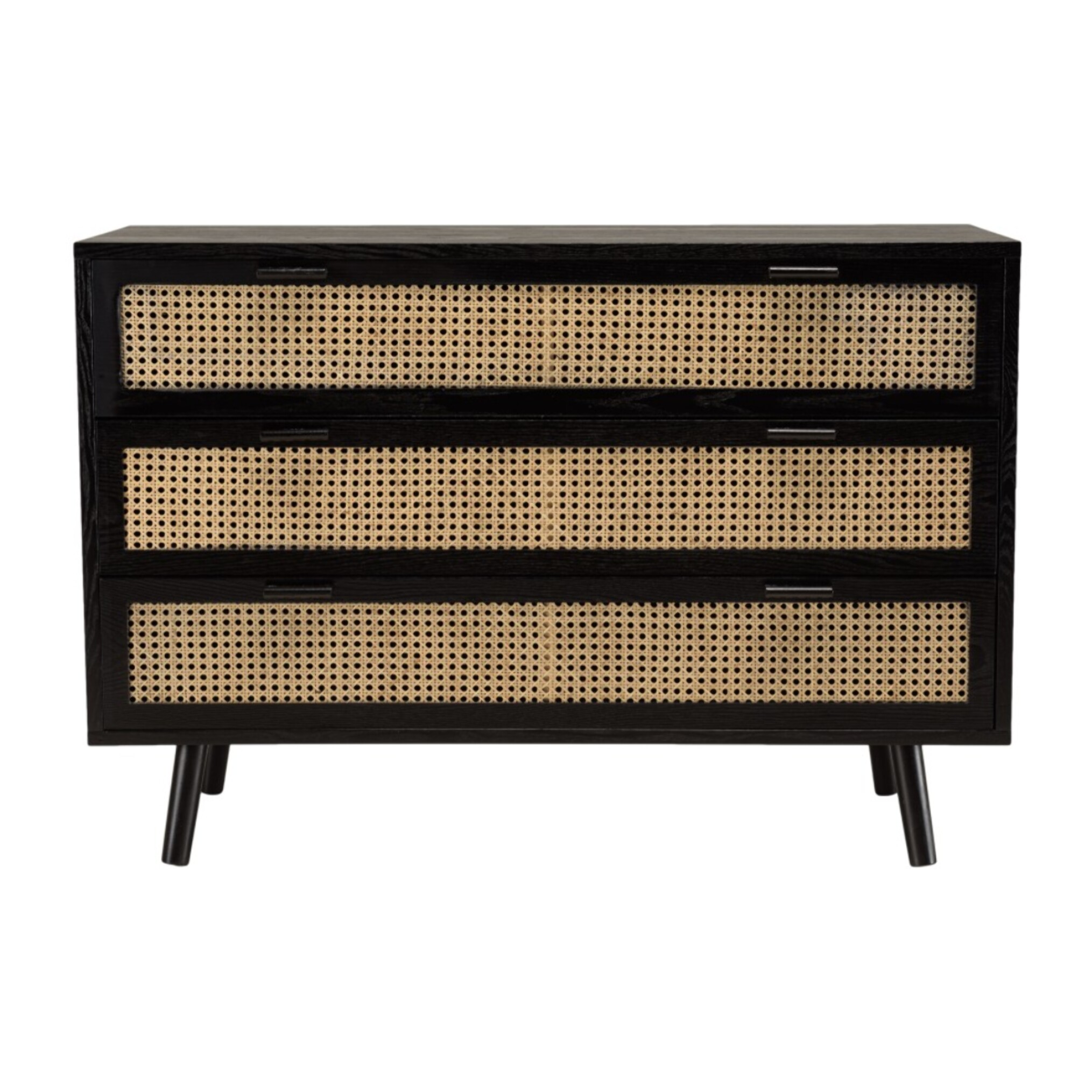 ANGELO - Commode noire 3 tiroirs cannage naturel