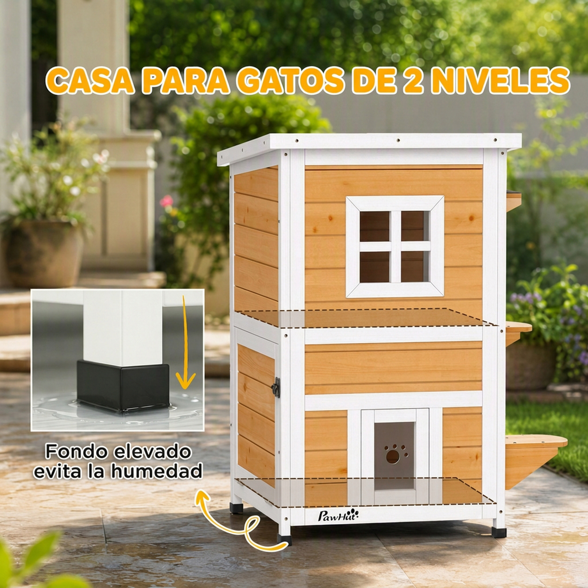 PawHut Caseta para Gatos de Madera Exterior, Casa para Gatos de 2 Niveles con Techo Abatible, Panel Central Extraíble, Ventanas, Puertas, para Terraza, Balcón, Jardín, 51x51x81,3 cm, Natural