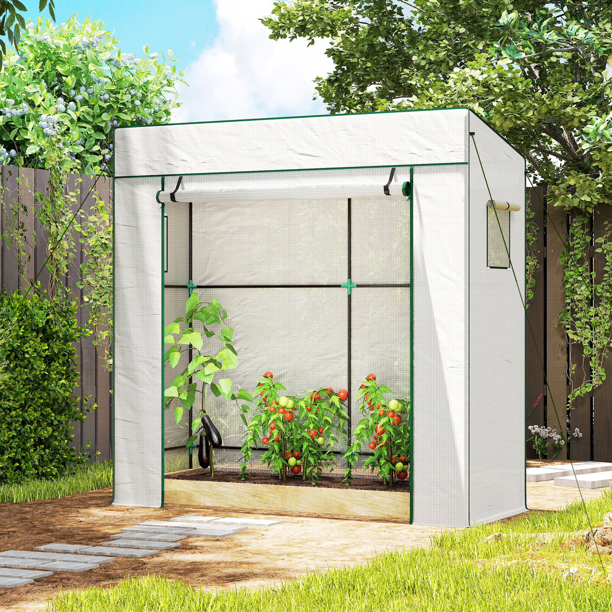 Invernadero Pequeño Invernadero de Exterior con Ventanas de Malla y Puerta con Cremallera Marco de Acero y Cubierta de PE 140g/m² para Cultivar Tomates Plantas Flores 196x77x197 cm Blanco
