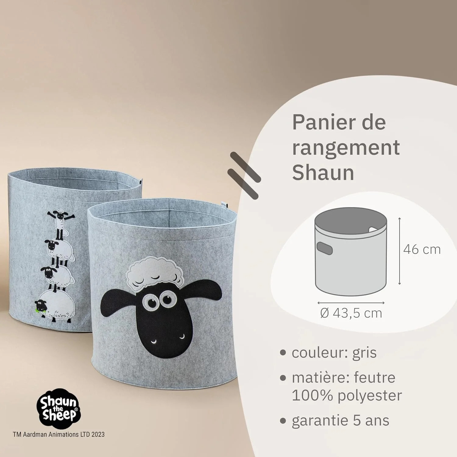 Panier à linge sale gris en feutre motif tête de mouton Lifeney Shaun le mouton