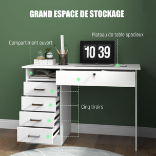 Bureau informatique multimédia multi-rangement 5 tiroirs niche 110L x 50l x 76H cm blanc