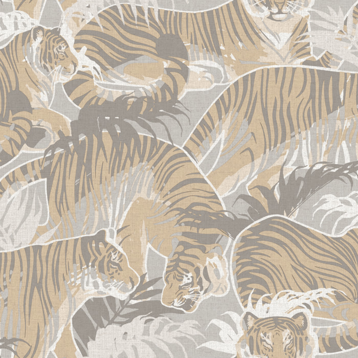 Papier peint tigres jungle beige et gris doux