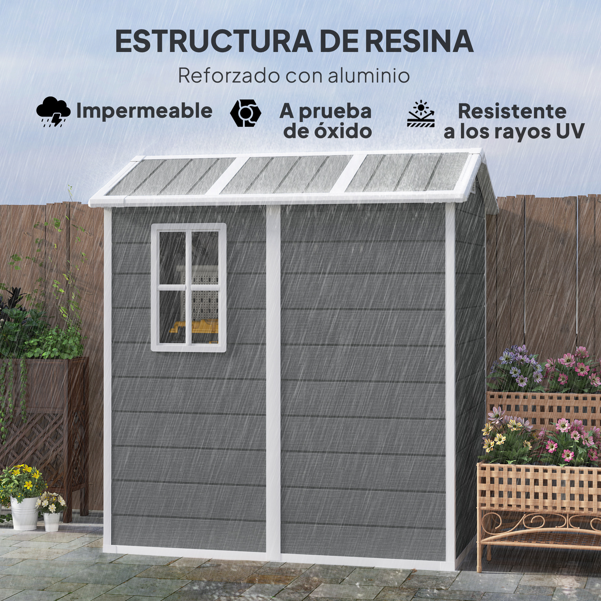 Caseta de Jardín Exterior, 2,1 m², 131x186x198 cm, Cobertizo de Jardín Exterior con Suelo, Ventana, Puerta con Cerradura, Ventilaciones, para Almacenamiento de Herramientas, Gris