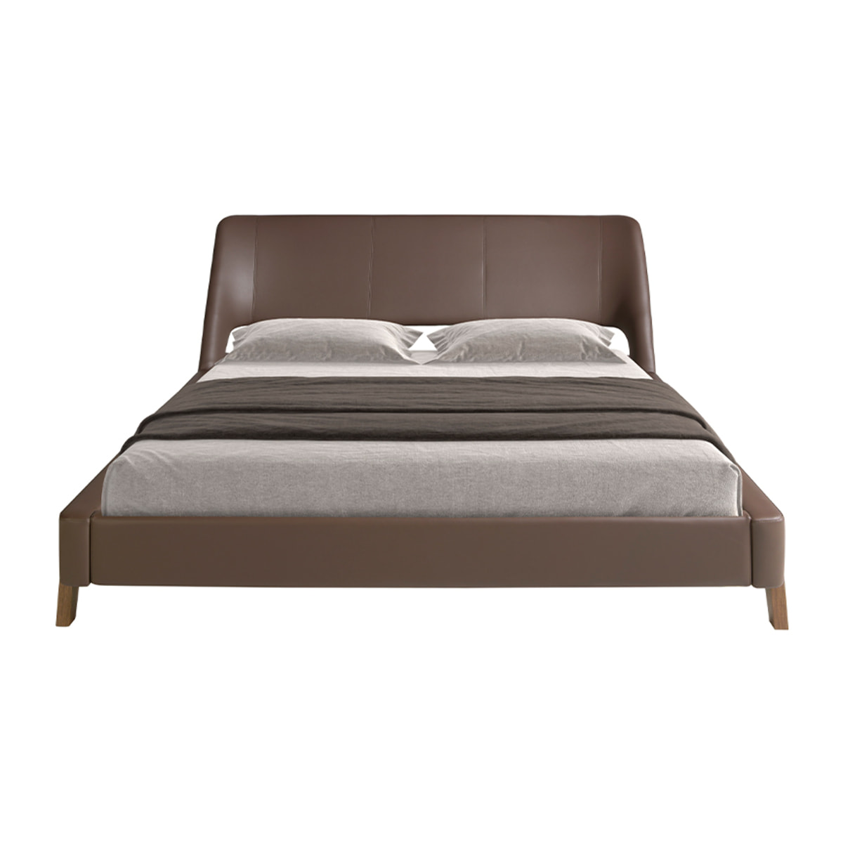 Cama Angel Cerdá de matrimonio con cabecero y estructura en polipiel en marrón chocolate y patas de madera chapada en nogal natural 205x237x95cm