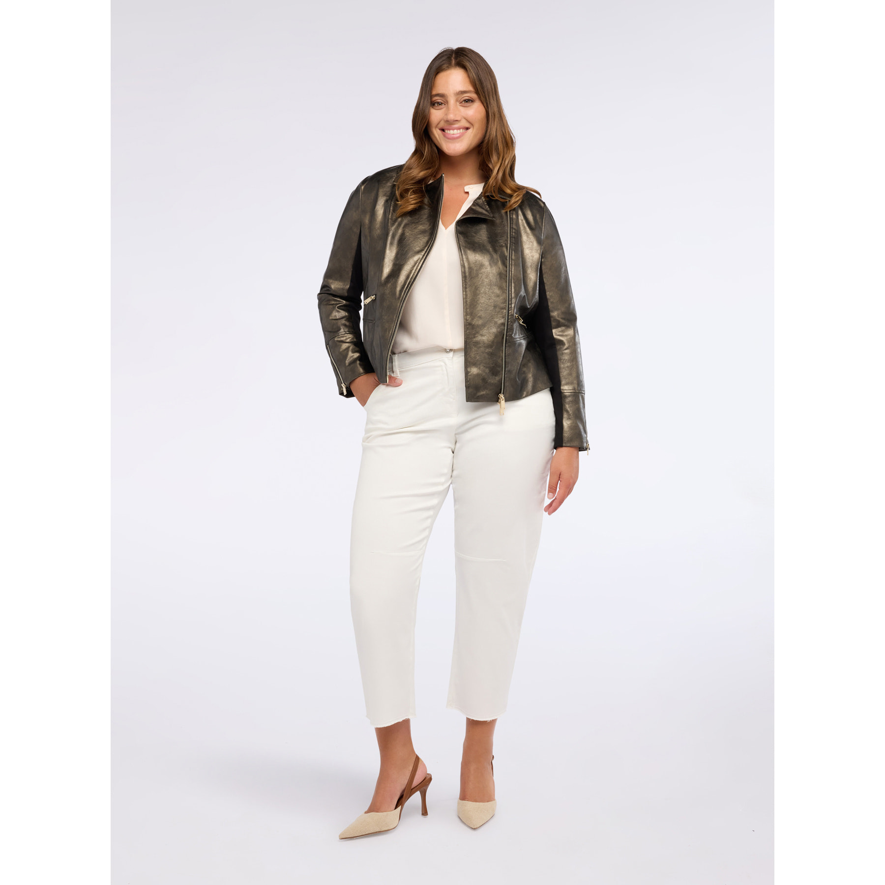 Fiorella Rubino - Chaqueta biker con insertos de tejido elástico - Marrón