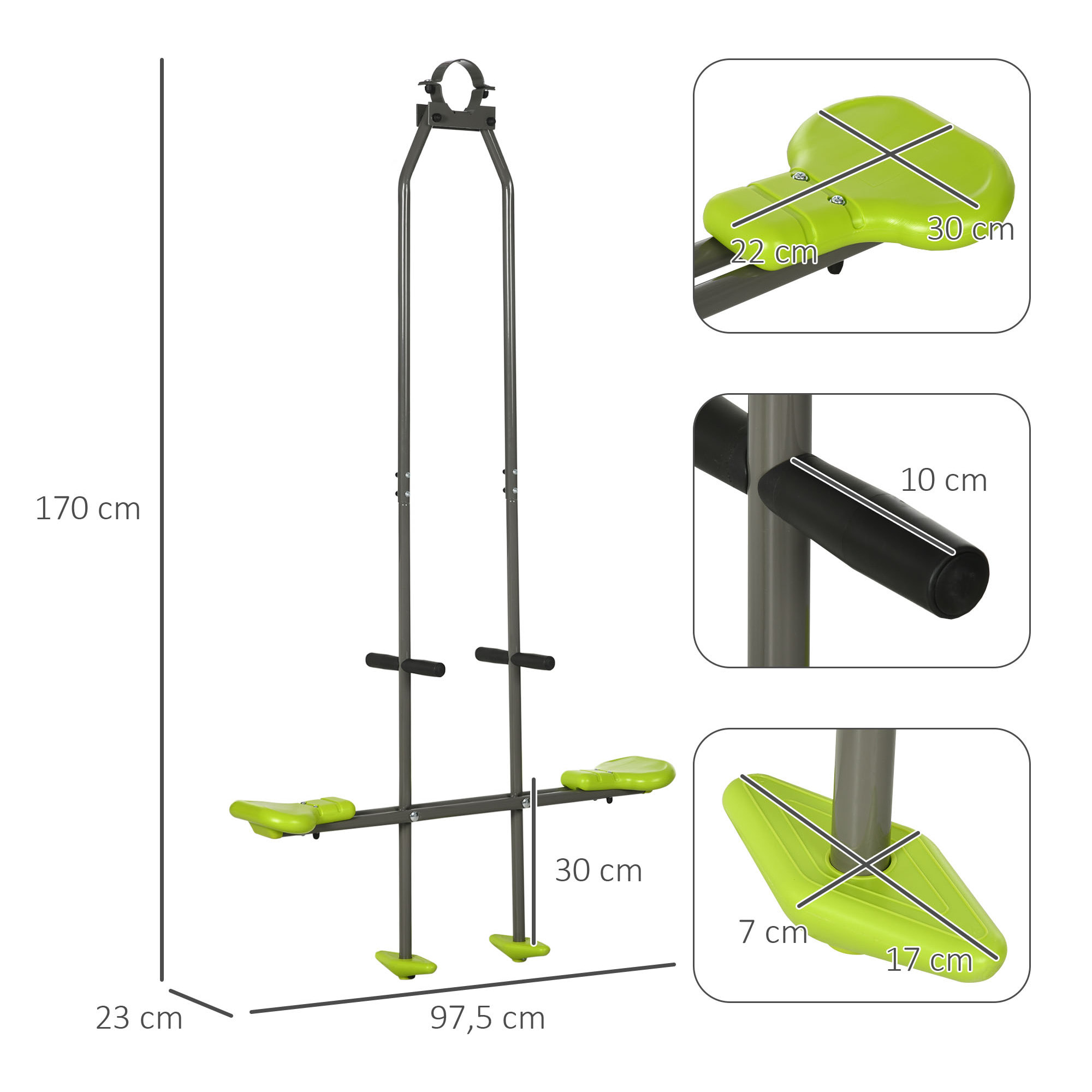 Balançoire agrès face à face enfant 3 à 6 ans - selles larges, guidon, repose-pied - gris vert