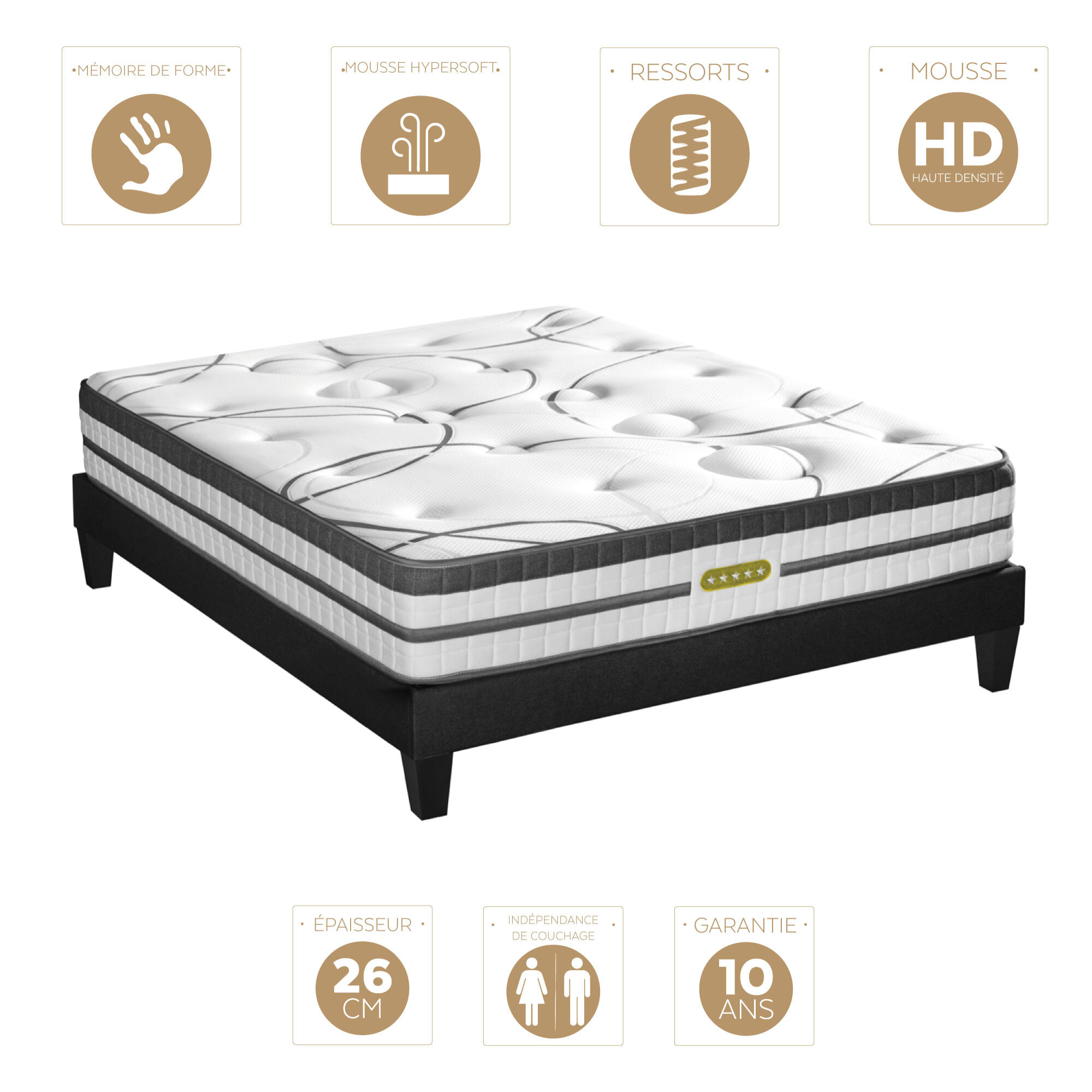 Ensemble Matelas Hybride Concorde & Sommier Bois, Ressorts Ensachés & Mémoire de Forme, 26 cm, Technologie Tri-lattes, Soutien Ferme