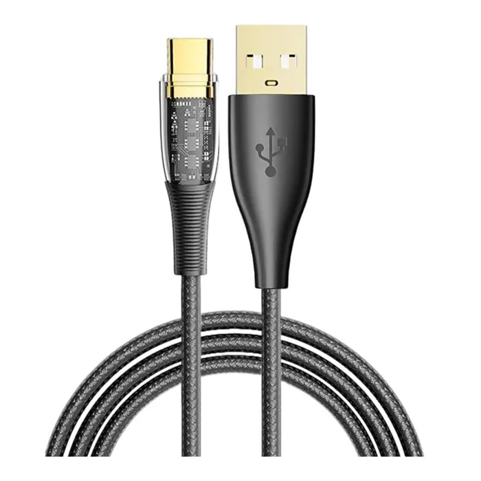 Cable USB 2.0 AM a USB-C PD20W de 6A. 2 metros, OD 4mm. Con luz LED.