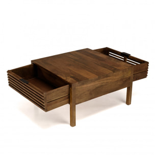 ALIX - Table basse carrée 70x70cm en bois de manguier 2 tiroirs ajourés