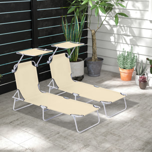 Conjunto de 2 Tumbonas Plegables Tumbonas de Jardín con Toldo Desmontable y Regulable Respaldo Reclinable para Terraza Acampada 187x58x36 cm Beige