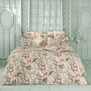 Drap plat satin de coton imprimé beige vert rose Prairie legere beige