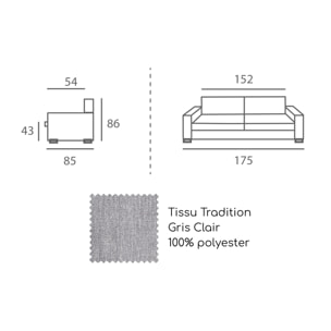 Canapé 3 pl LYS 175 cm fixe tissu Tradition Gris Clair - 100% déhoussable - Fabriqué en France