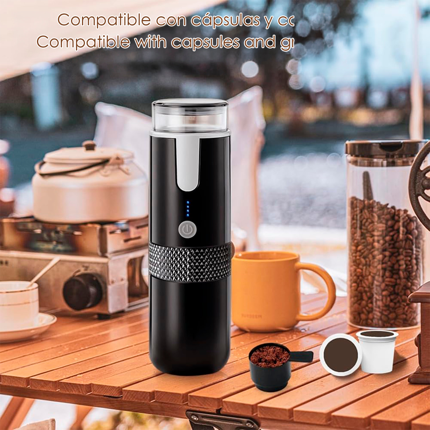 Macchina per caffè a capsule portatile con serbatoio da 170 ml, batteria ricaricabile da 1200 mAh e riscaldatore elettrico.