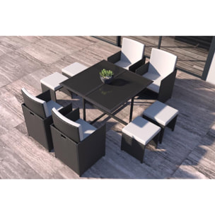 Table et chaises 8 places en résine tressée noir et blanc LOUISIANE