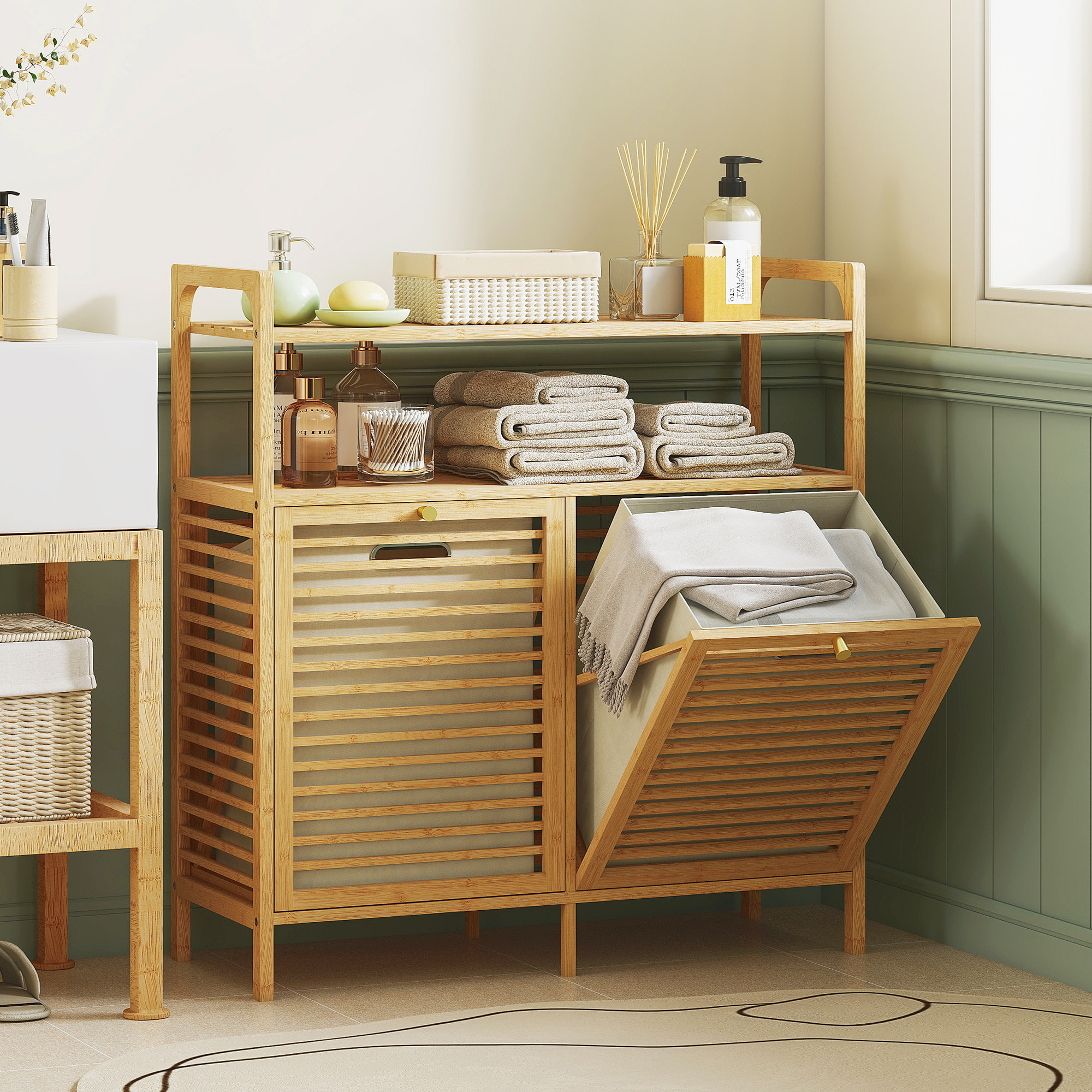 Mueble de Baño con Cesto Ropa Sucia, Mueble Ropa Sucia de Bambú, 2 Bolsas de Ropa Extraíbles y Lavables con Asa, 2 Estantes Abiertos, para Lavadero, 82x33x88 cm Natural y Crema