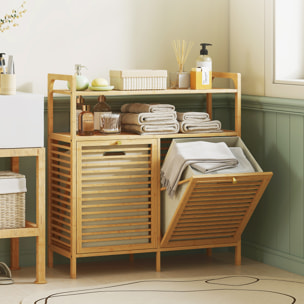 Mueble de Baño con Cesto Ropa Sucia, Mueble Ropa Sucia de Bambú, 2 Bolsas de Ropa Extraíbles y Lavables con Asa, 2 Estantes Abiertos, para Lavadero, 82x33x88 cm Natural y Crema