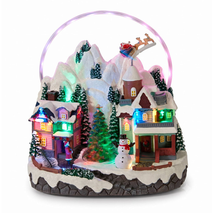 Pueblo navideño led con movimiento, escena de invierno bajo arco iris 27x17,9x30cm