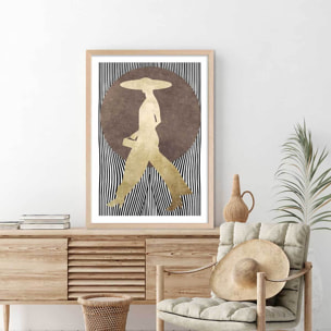 Poster silhouette femme à chapeau Affiche + cadre en bois - Chêne