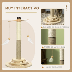 Árbol Rascador para Gatos de Madera Altura 56 cm Torre para Gatos Centro de Actividades para Gatitos con Poste de Yute y Sisal Bolas para Jugar Ø32x56 cm Natural