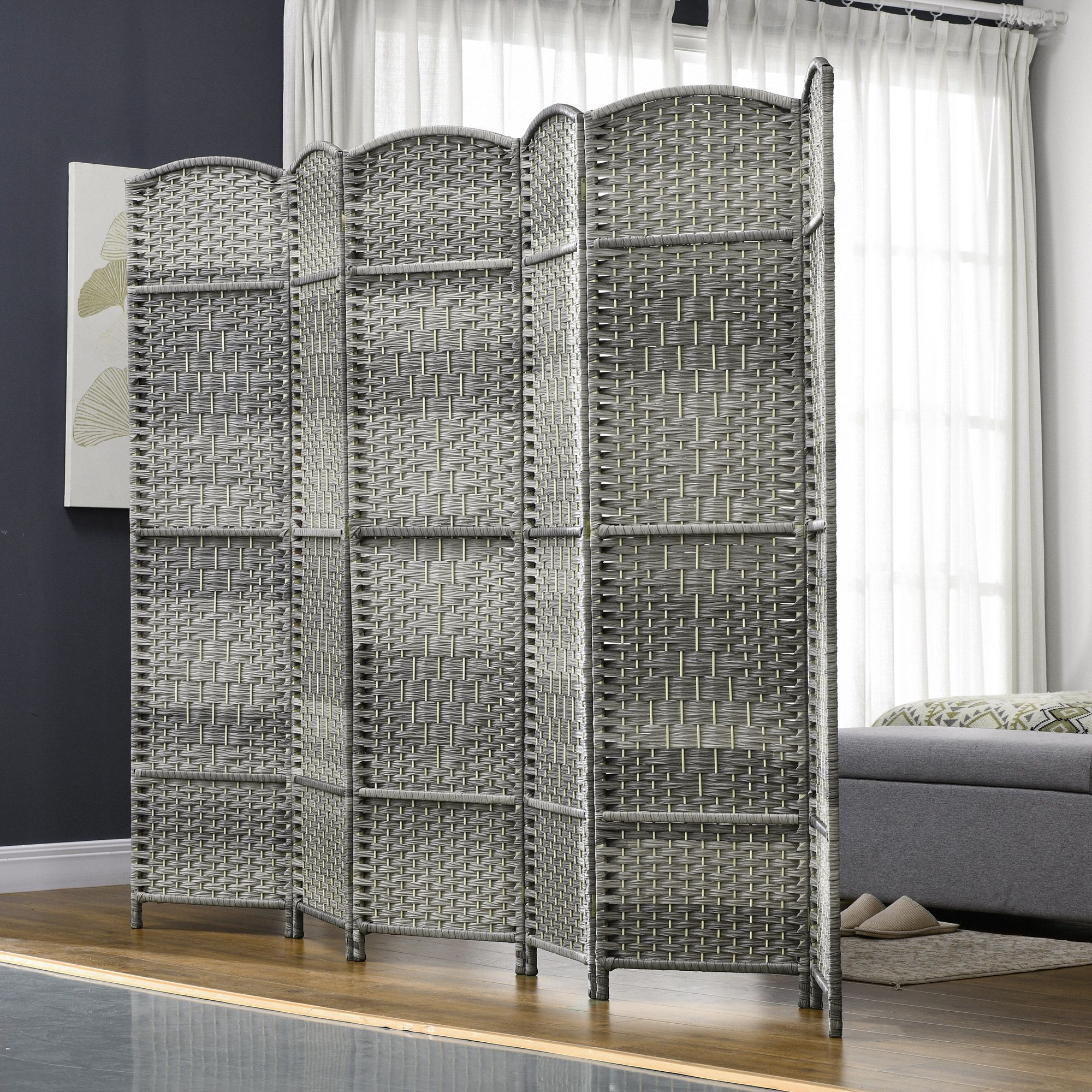 Paravent intérieur 6 panneaux pliables en bois séparateur de pièce style bohème tissé gris