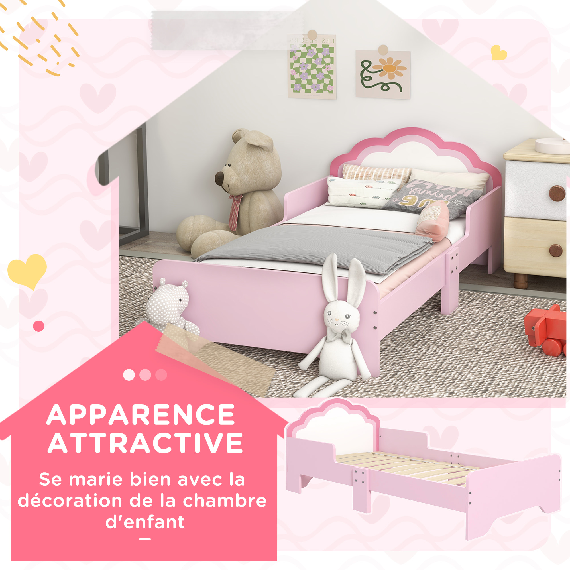 Lit enfant design girly motif nuage - sommier à lattes inclus - MDF contreplaqué rose blanc