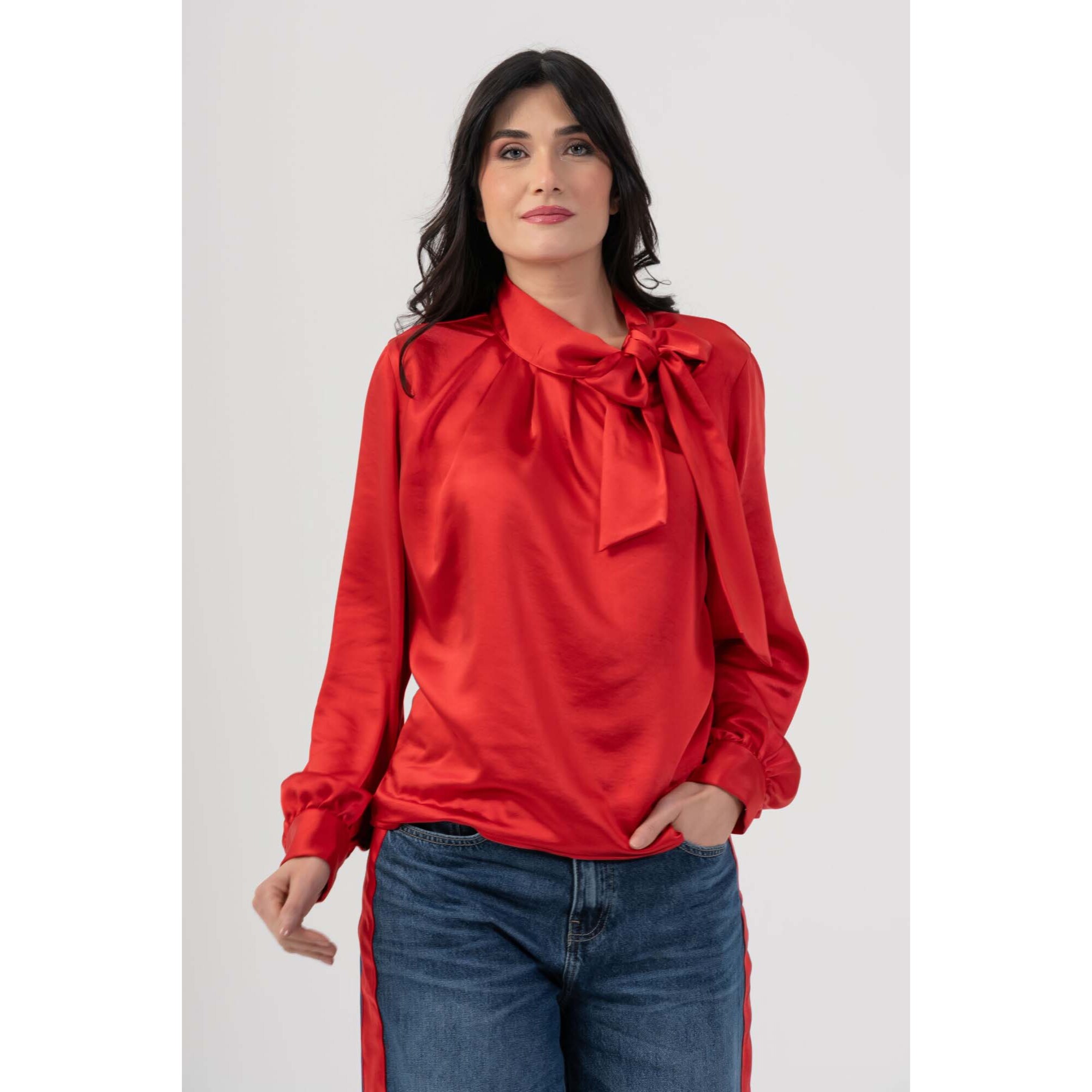 Kocca - Blusa elegante con fiocco al collo Donna, Tinta unita, Girocollo