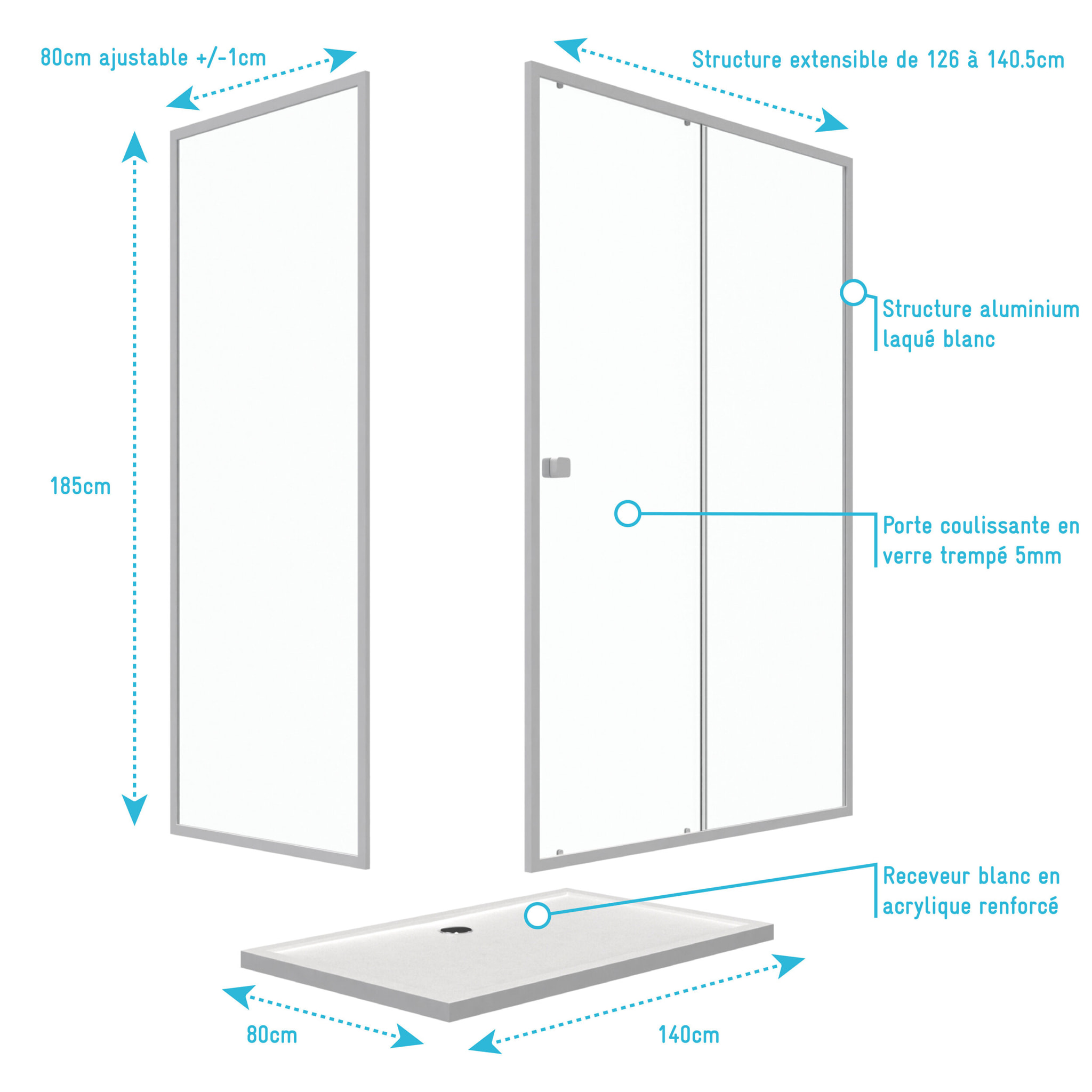 Pack porte de douche Coulissante blanc extensible 140X185 + paroi de retour 80cm + receveur - WHITY