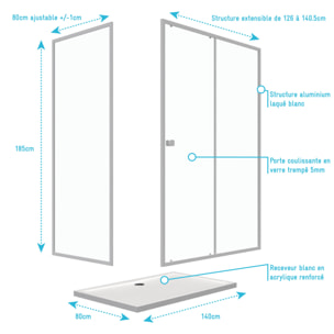 Pack porte de douche Coulissante blanc extensible 140X185 + paroi de retour 80cm + receveur - WHITY