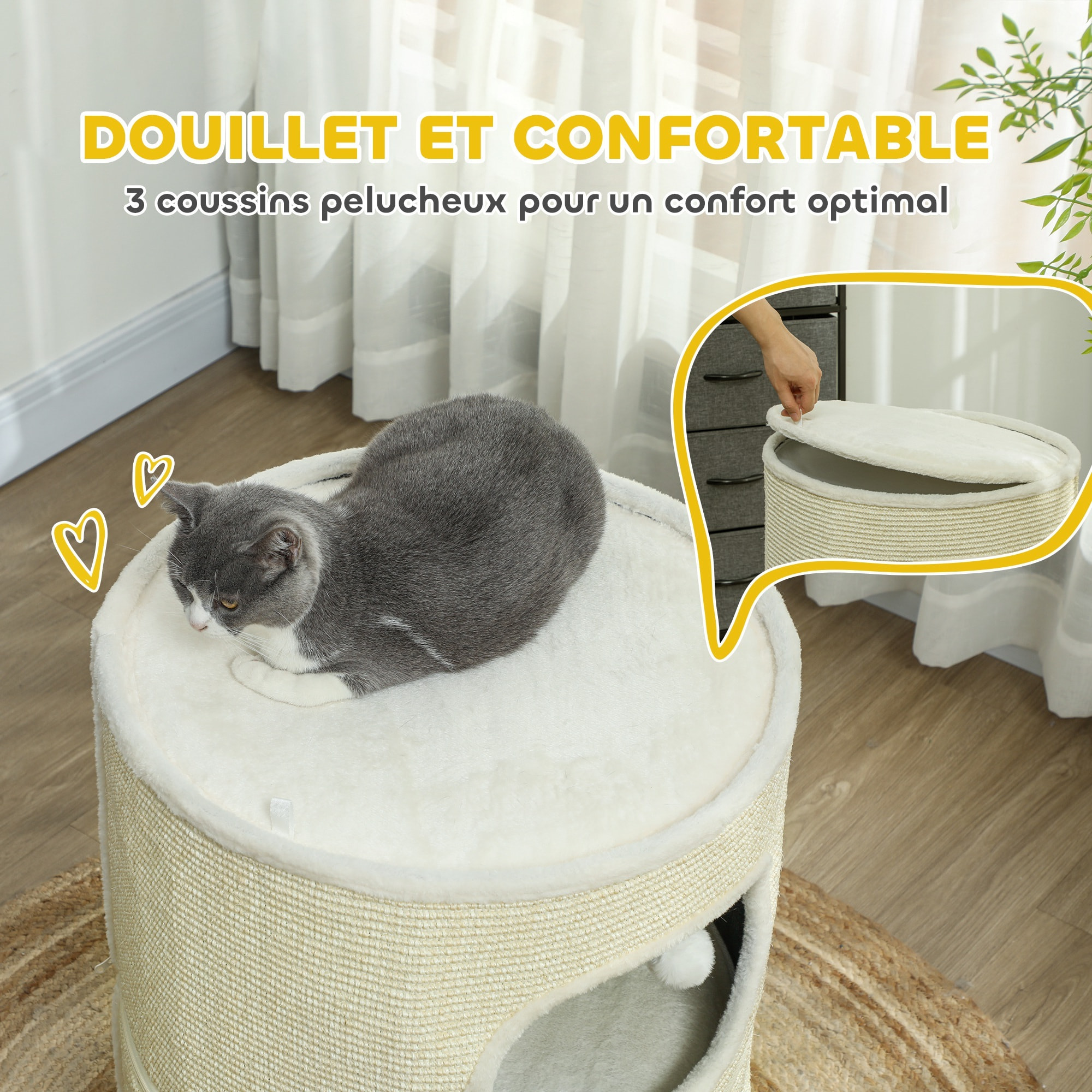 Tour pour chat modulable zippée 3 parties - tonneau griffoir chat 2 pompons - sisal naturel peluche crème