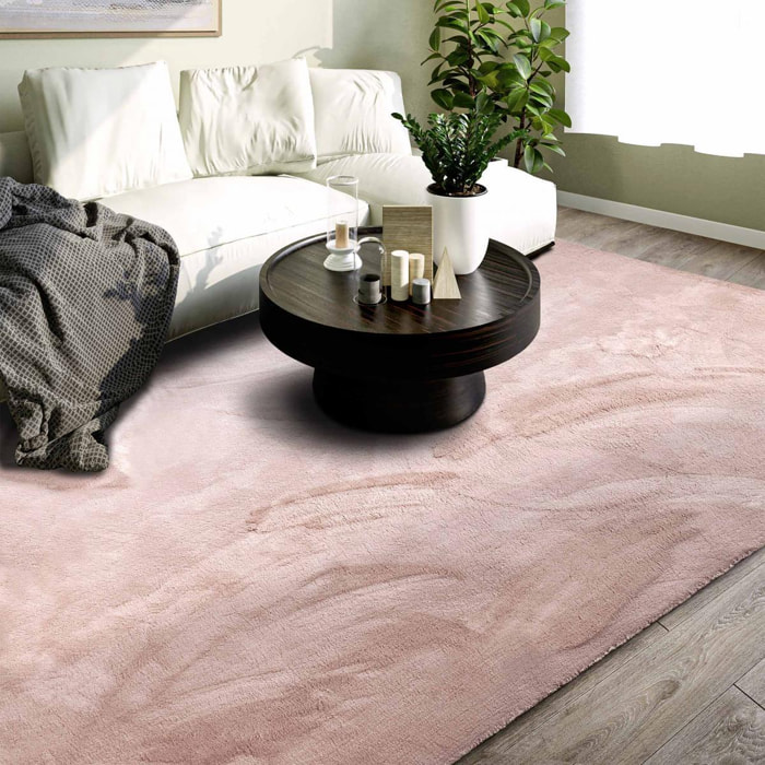Tapis salon faux uni poils ras, tissé polyester confortable, anano