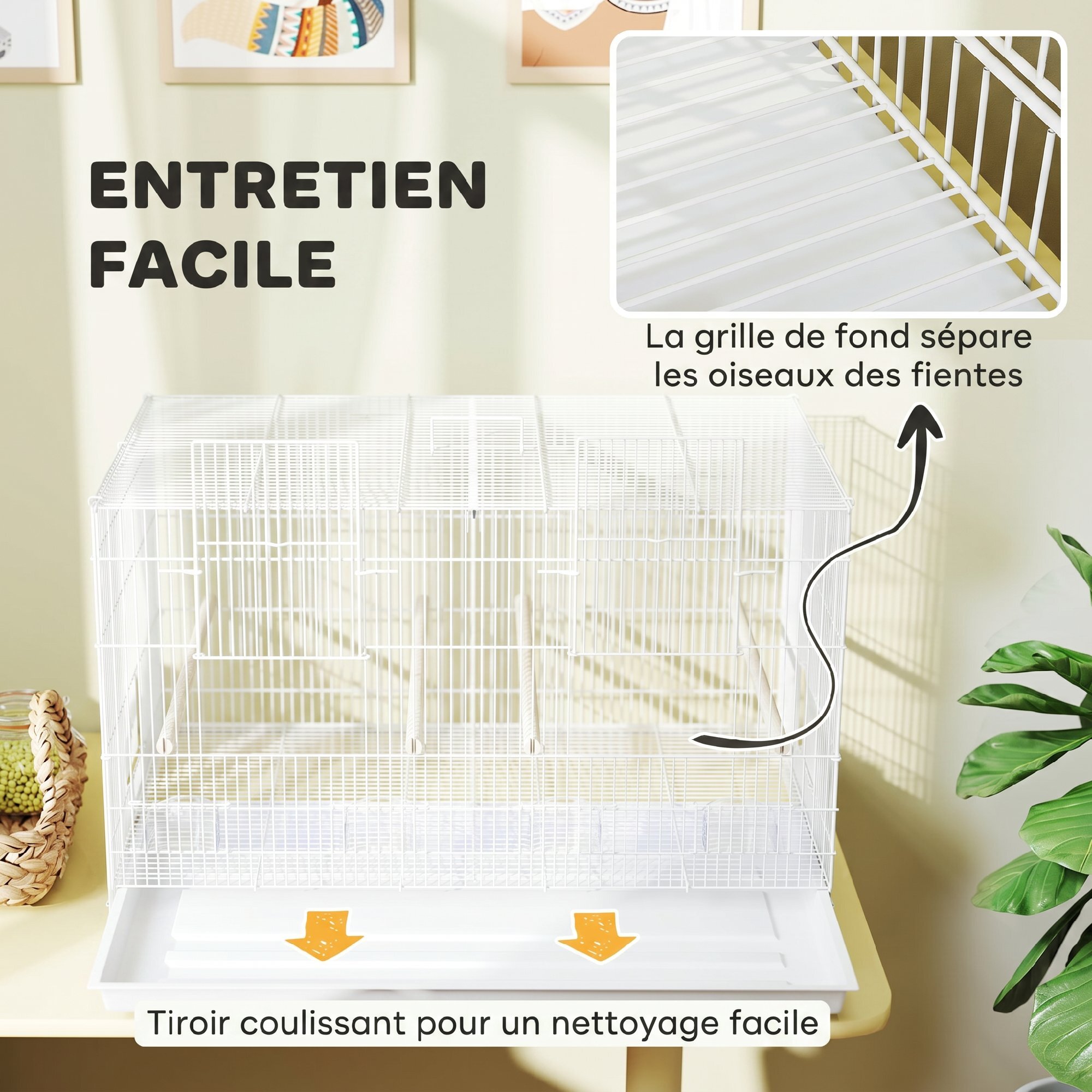 Cage à oiseaux volière acier avec séparateur - 4 perchoirs, mangeoires, portes, trappes, plateau déjection - blanc