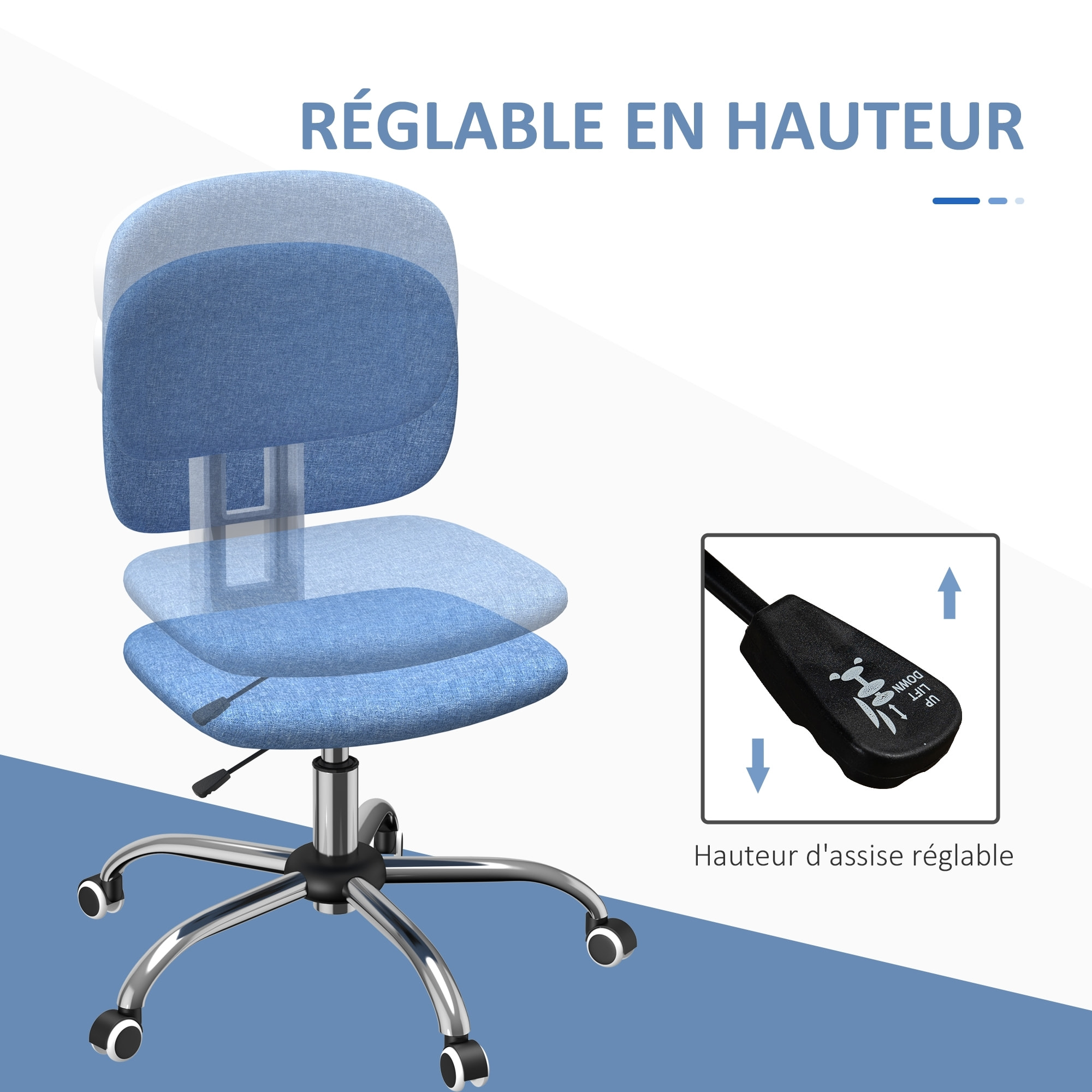 Chaise de bureau hauteur réglable pivotante 360° dossier ergonomique piètement chromé tissu bleu