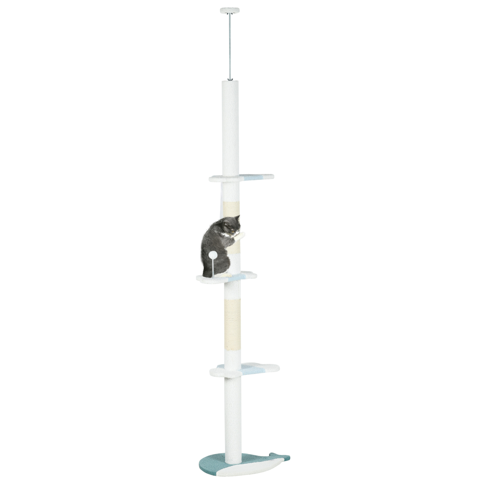 Árbol para Gatos de Suelo a Techo de 225-255 cm Torre para Gatos de Suelo a Techo Ajustable en Altura con 3 Plataforma de Forma de Ola Postes Rascadores y 1 Bola 55x38x225-255 cm Blanco